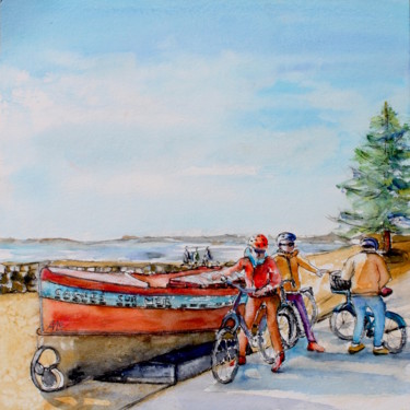 Painting titled "cyclists-cagnes-sur…" by Agnes Mclaughlin, Original Artwork, Watercolor
