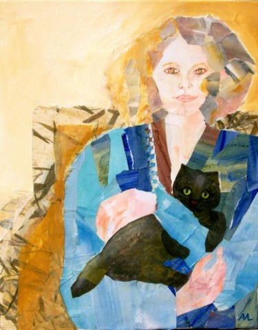 Painting titled "Cat cuddle" by Agnes Mclaughlin, Original Artwork