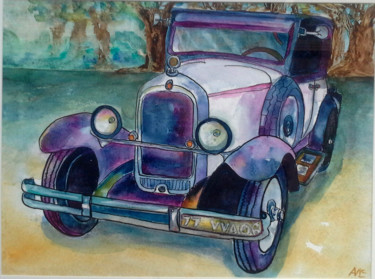 Painting titled "vintage purple car" by Agnes Mclaughlin, Original Artwork, Watercolor