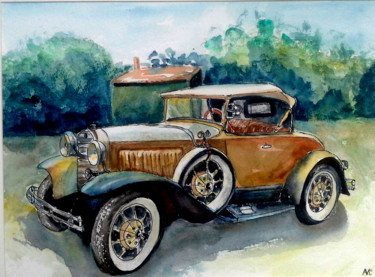 Painting titled "vintage gold car" by Agnes Mclaughlin, Original Artwork, Watercolor
