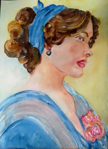 Pittura intitolato "Lady in blue" da Agnes Mclaughlin, Opera d'arte originale, Acquarello