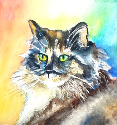 Painting titled "cat with green eyes" by Agnes Mclaughlin, Original Artwork, Watercolor