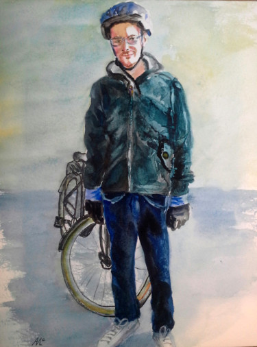 Painting titled "Cyclist" by Agnes Mclaughlin, Original Artwork, Watercolor