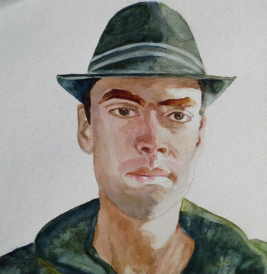 Painting titled "Young man with a hat" by Agnes Mclaughlin, Original Artwork, Watercolor