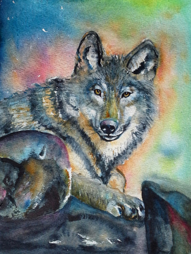 Painting titled "gentle-wolf.jpg" by Agnes Mclaughlin, Original Artwork, Watercolor