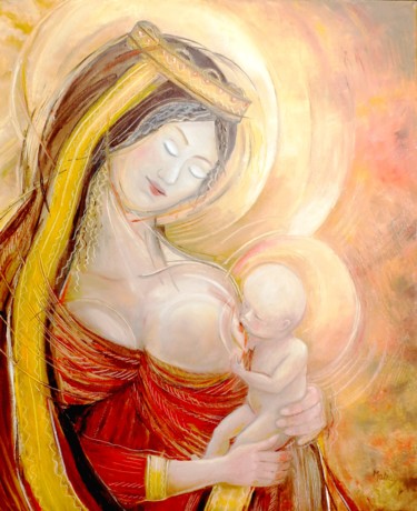 Картина под названием "La vierge à l'enfant" - Matray Marie-Christine, Подлинное произведение искусства, Масло