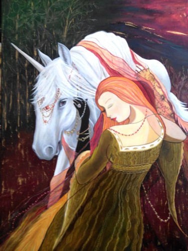 Pintura intitulada "Ma dame à la licorne" por Matray Marie-Christine, Obras de arte originais, Óleo