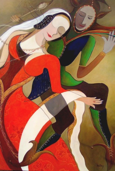 Painting titled "La danse du fou" by Matray Marie-Christine, Original Artwork, Oil