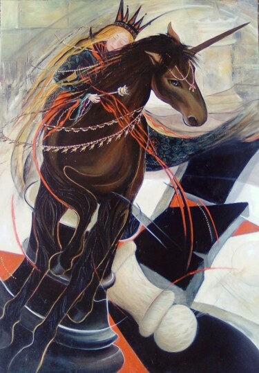 Peinture intitulée "La licorne noire" par Matray Marie-Christine, Œuvre d'art originale, Huile