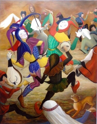 Painting titled "La danse des fous" by Matray Marie-Christine, Original Artwork, Oil