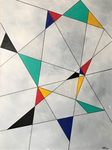 Pintura intitulada "FLYING TRIANGLES" por Mitch Nye, Obras de arte originais, Acrílico Montado em Armação em madeira