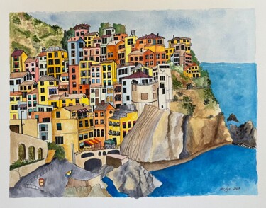Painting titled "ALONG THE COAST" by Mitch Nye, Original Artwork, Watercolor Mounted on Other rigid panel