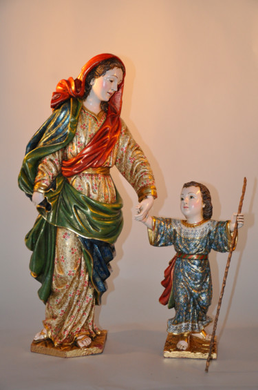 Escultura titulada "Virgen con Niño" por Carolina Silva, Obra de arte original, Madera