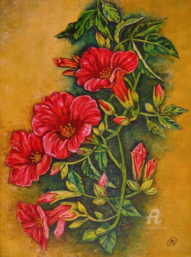 Peinture intitulée "Flores rojas" par María Del Carmen Pérez, Œuvre d'art originale, Huile