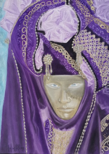 Disegno intitolato "Maschera d'oro" da Micheline Colle, Opera d'arte originale, Pastello