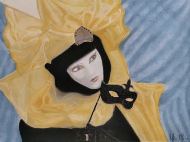Disegno intitolato "Maschera gialla" da Micheline Colle, Opera d'arte originale, Pastello