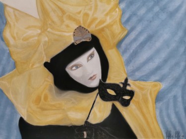 Maschera gialla Disegno intitolato "Maschera gialla" da Micheline Colle, Opera d'arte originale, Pastello