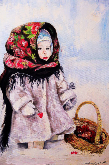 Painting titled "Girl with a basket" by Marta Dovganchin, Original Artwork, Oil Mounted on Wood Stretcher frame