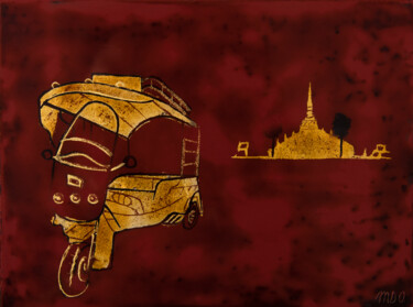 Painting titled "Tuk Tuk That Luang" by Marie-Dominique Boneu Hyman (MDO), Original Artwork, Lacquer Mounted on Wood Panel