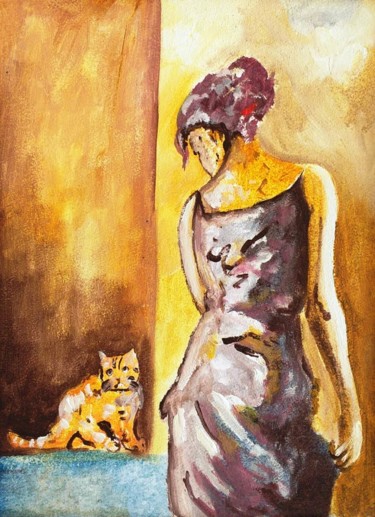 Painting titled "Le chat" by Med Akram Khouja, Original Artwork, Acrylic