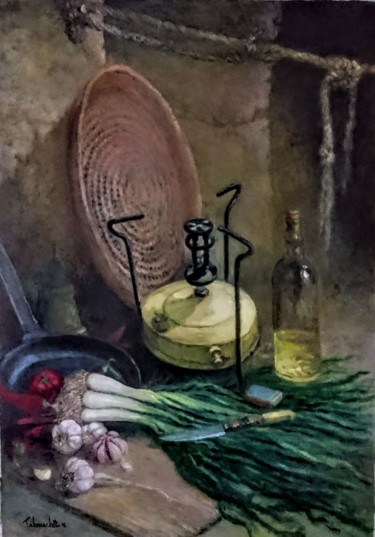 Peinture intitulée "Nature morte avec a…" par Med Jeune.. Artiste Takouachet, Œuvre d'art originale, Huile
