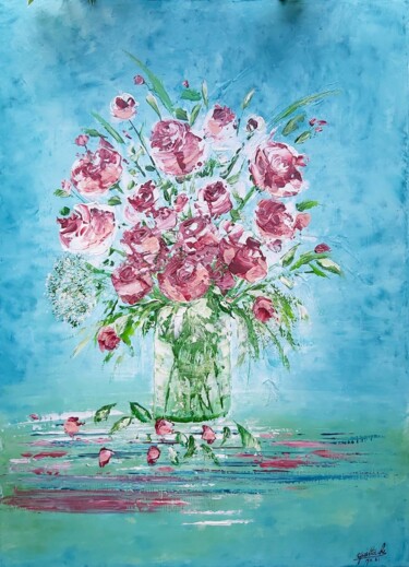 Malerei mit dem Titel "Romance des roses" von Mehdi Abtroun, Original-Kunstwerk, Acryl