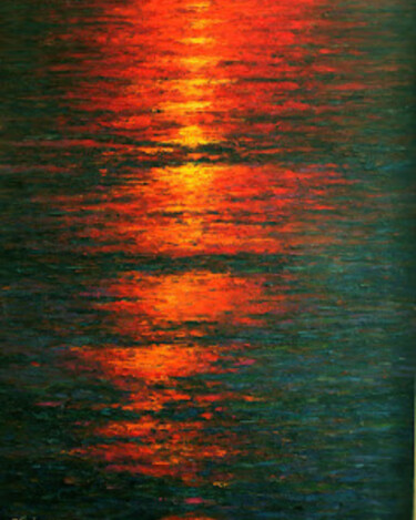 Painting titled "Sunset on the ocean" by Mehdi Fahraji, Original Artwork, Oil
