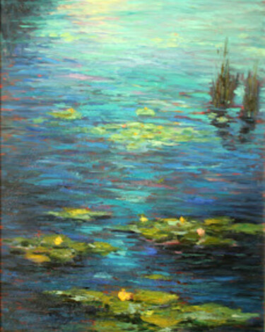 Painting titled "Lily Pond" by Mehdi Fahraji, Original Artwork, Oil