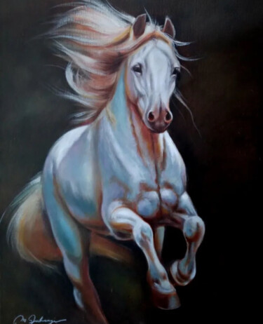 Painting titled "The White horse" by Mehdi Fahraji, Original Artwork, Oil