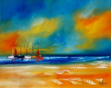 Peinture intitulée "Barques au coucher…" par Mehenni M, Œuvre d'art originale, Huile