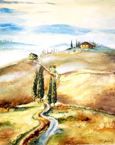 Painting titled "Paysage de village" by Mehri Guliyeva Moghadam, Original Artwork, Oil