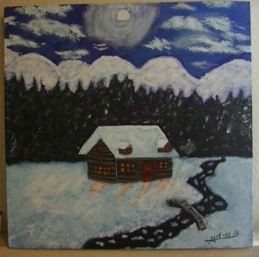 Schilderij getiteld "sneeuw huis" door Mehtab Zafar, Origineel Kunstwerk