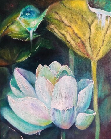 Schilderij getiteld "White Lotus" door Svetlana Mekhnina, Origineel Kunstwerk, Olie