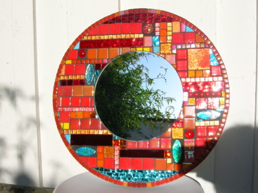Artisanat intitulée "Miroir rond rouge" par Melandyne, Œuvre d'art originale