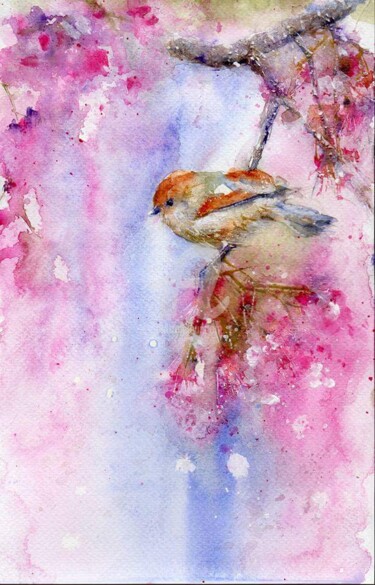 Painting titled "Springbirdy" by Melanie Kempkes, Original Artwork, Watercolor