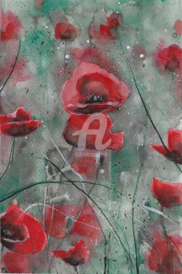 Painting titled "Redpoppys2.jpg" by Melanie Kempkes, Original Artwork, Watercolor