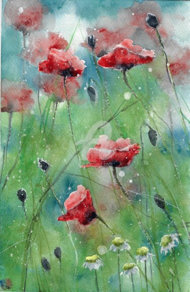 Painting titled "Redpoppys1.jpg" by Melanie Kempkes, Original Artwork, Watercolor