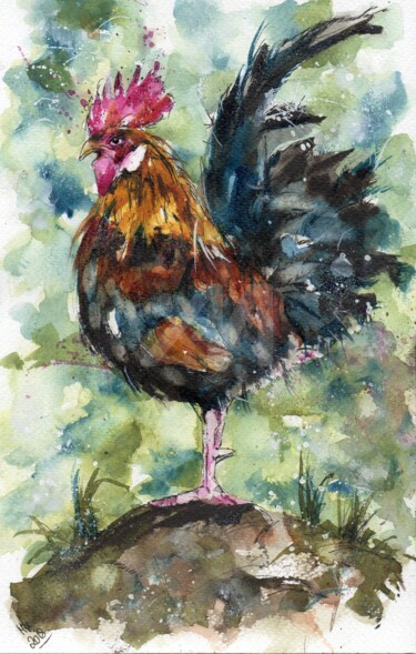 Malerei mit dem Titel "Rooster" von Melanie Kempkes, Original-Kunstwerk, Aquarell