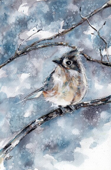 Malerei mit dem Titel "Wintervögelchen" von Melanie Kempkes, Original-Kunstwerk, Aquarell