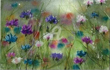 Malerei mit dem Titel "Bunte Blumen" von Melanie Kempkes, Original-Kunstwerk, Aquarell