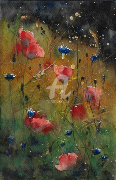 Malerei mit dem Titel "Poppies and Cornflo…" von Melanie Kempkes, Original-Kunstwerk, Aquarell