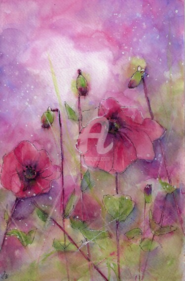 Картина под названием "Pink flowers" - Melanie Kempkes, Подлинное произведение искусства, Акварель