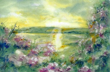 Malerei mit dem Titel "Morgensonne am See" von Melanie Kempkes, Original-Kunstwerk, Aquarell