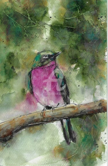Painting titled "Pink Birdy" by Melanie Kempkes, Original Artwork, Watercolor