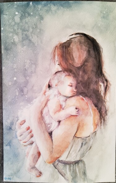 Painting titled "Mutterliebe" by Melanie Kempkes, Original Artwork, Watercolor