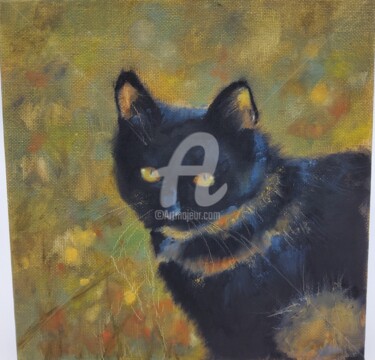 Painting titled "Black Cat" by Melanie Kempkes, Original Artwork, Oil