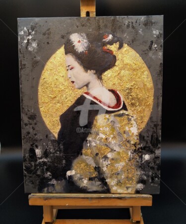 Schilderij getiteld "Geisha with Goldleaf" door Melanie Kempkes, Origineel Kunstwerk, Olie