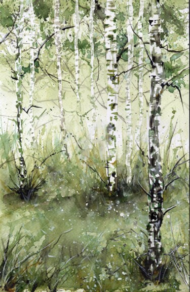 Pintura intitulada "Watercolor Birches" por Melanie Kempkes, Obras de arte originais, Aquarela