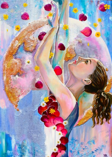 Painting titled "ballet sur la lune" by Mélanie Ribeiro, Original Artwork, Oil Mounted on Wood Stretcher frame