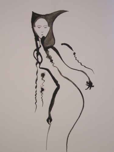 Drawing titled "" Femme en noir "" by Mélo, Original Artwork, Ink